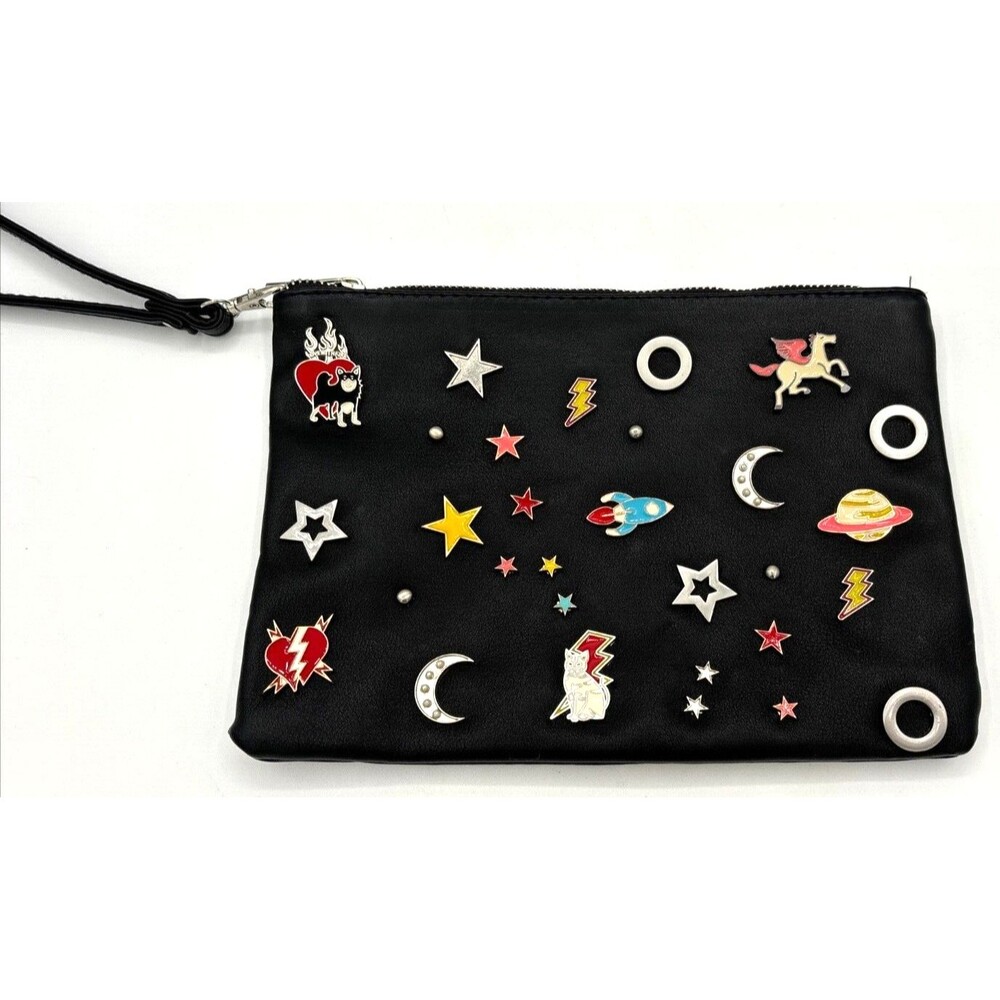 Stradivarius Wristlet Accessory Zipper Bag‎ Sewn Enamel Pins Blk Silver Hardware
